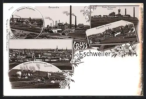 Lithographie Eschweiler, Zeche Concordia und Grube Eschweiler Reserve, Eisenwalzwerk, Eisenhütte Phoenix