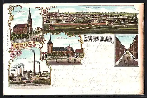 Lithographie Eschweiler, Evangelische Kirche, Katholische Kirche, Concordia, Kohlebergbau