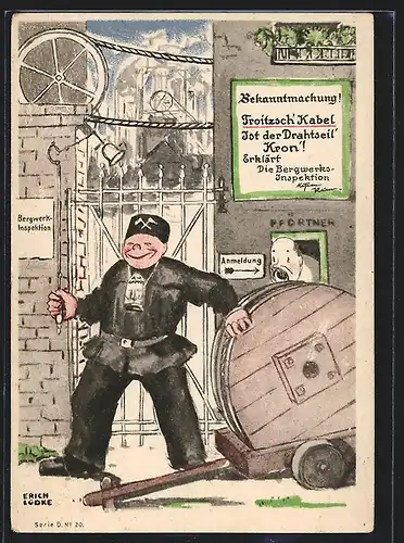 Künstler-AK Berlin-Tempelhof, F. Troitzsch Seil- und Kabelwerke GmbH, Bergwerkinspektor läutet zur Bekanntmachung