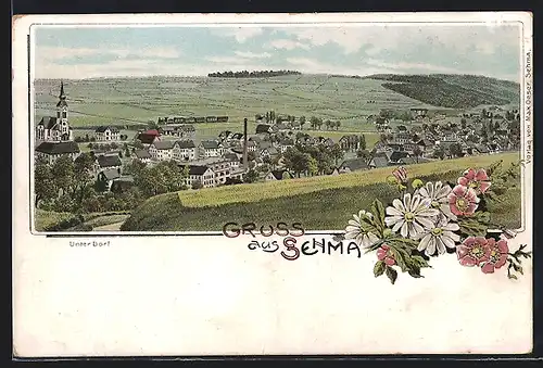 Lithographie Sehma, Blick auf Unter Dorf und Kirche