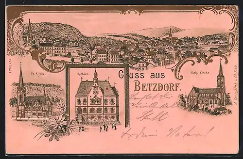 Lithographie Betzdorf, Kath. & Ev. Kirche, Rathaus, Totalansicht