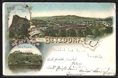 Lithographie Betzdorf, Am Druidenstein, Schloss Freusburg, Ortsansicht