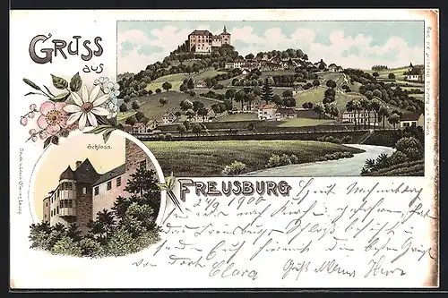 Lithographie Freusburg, Ansicht vom Schloss, Panorama