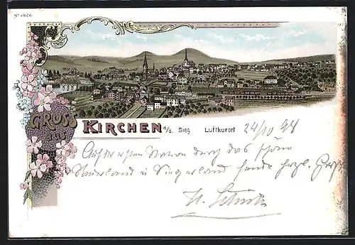 Lithographie Kirchen a. d. Sieg, Ortsansicht mit Kirche