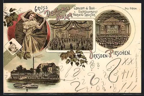 Lithographie Dresden-Pieschen, Dampfer vor Ort, Concert- & Ball-Etablissement Varieté-Theater