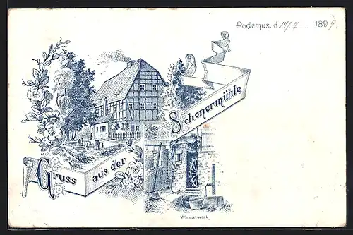 Lithographie Podemus, Gasthof Zschonermühle mit Wasserwerk