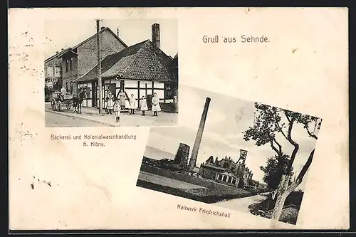 AK Sehnde, Bäckerei und Kolonialwarenhandlung H. Klöne, Kaliwerk Friedrichshall