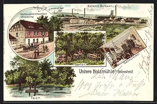 Lithographie Helmstedt, Gasthaus Untere Holzmühle Otto Heine, Inneres Gastzimmer, Kaliwerk Burbach