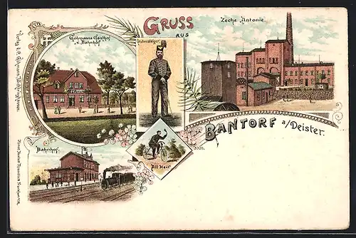 Lithographie Bantorf a. Deister, Göhmanns Gasthof zum Bahnhof, Zeche Antonie, Bahnhof