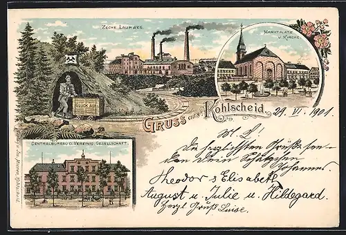 Lithographie Kohlscheid, Zeche Laurweg, Marktplatz u. Kirche