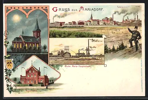 Lithographie Mariadorf, Kohle Grube Maria Hauptschacht, Bergmann, Apotheke, Kirche