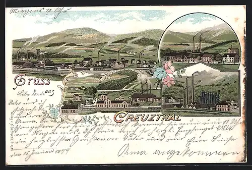 Lithographie Creuzthal, Ortsansichten mit Industrieanlagen und Umgebung