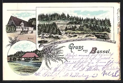 Lithographie Bassel, Lehmberg, Sägemühle, Gebäude