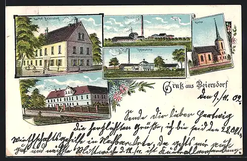 Lithographie Beiersdorf, Gasthof Beiersdorf, Kohlenwerke, Kirche