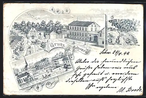 Lithographie Schwerz, Ortspartie mit Geschäft R. Hölzner, Kirche