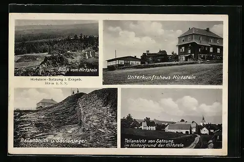 AK Hirtstein-Satzung i. Erzgeb., Unterkunftshaus Hirtstein, Basaltbruch und Säulenlager, Ansicht von Satzung, Steinbruch