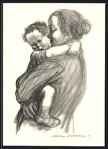 Künstler-AK Käthe Kollwitz: Mutter trägt ihren Sohn auf dem Arm