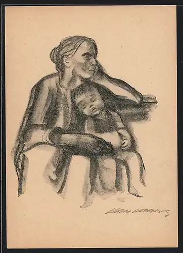 Künstler-AK Käthe Kollwitz: Arbeiterfrau mit schlafendem Jungen, 1927