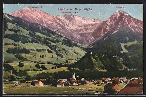 AK Fischen i. bayr. Allgäu, Ortsansicht mit Gebirgskette