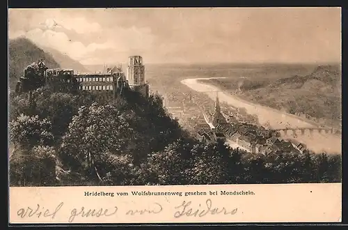 AK Heidelberg, Teilansicht vom Wolfsbrunnenweg gesehen bei Mondschein