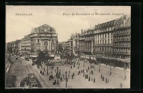 AK Bruxelles, Place de Brouckerer et Monument Anspach, Strassenbahn