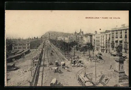 AK Barcelona, Paseo de Colon, Strassenbahn