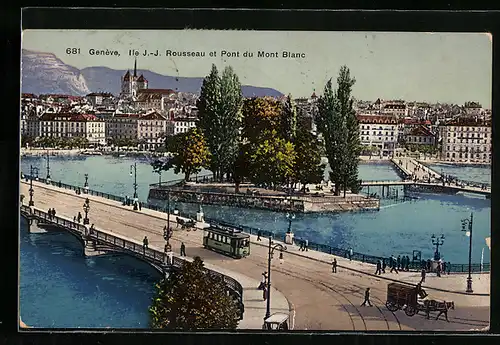 AK Genéve, Ile J.-J. Rousseau et pont du Mont-Blanc, Strassenbahn