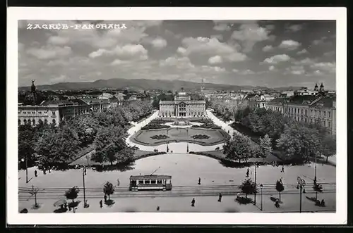 AK Zagreb, Panorama mit Strassenbahn