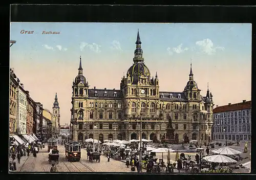 AK Graz, Strassenbahnen vor dem Rathaus