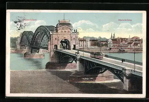 AK Düsseldorf, Strassenbahn auf der Rheinbrücke