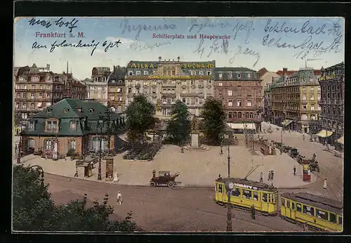 AK Frankfurt a. M., Schillerplatz mit Strassenbahn und Hauptwache