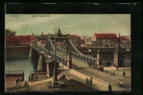 AK Bremen, Grosse Weserbrücke mit Pferdewagen und Passanten