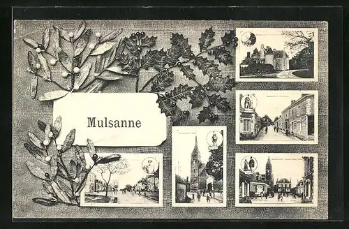 AK Mulsanne, Vier Ansichten des Ortes mit Zweigen dekoriert