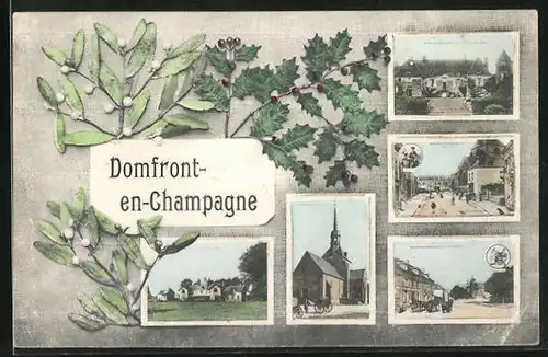 AK Domfront-en-Champagne, Fünf Ansichten des Ortes mit Zweigen verziert