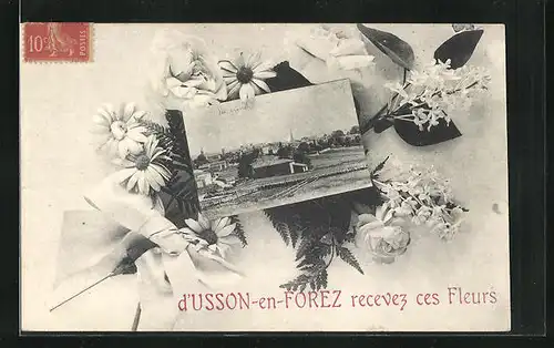 AK Usson-en-Forez, Gesamtansicht mit Blumen verziert