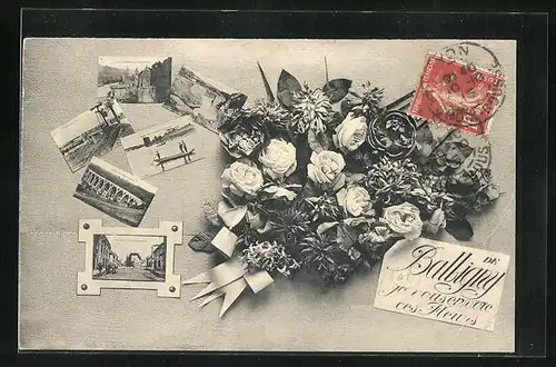 AK Balbigny, sechs Ansichten aus dem Ort mit einem Blumenstrauss
