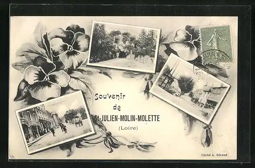 AK St-Julien-Molin-Molette, Drei Ansichten aus dem Ort mit Stiefmütterchen verziert