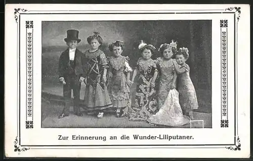 AK Liliputaner, Mann mit Zylinder und fünf Frauen im Festkleid
