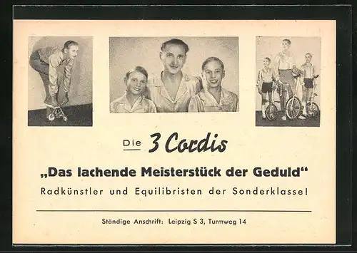 AK Die 3 Cordis - Radkünstler und Equilibristen der Sonderklasse!, Leipzig, Turmweg 14