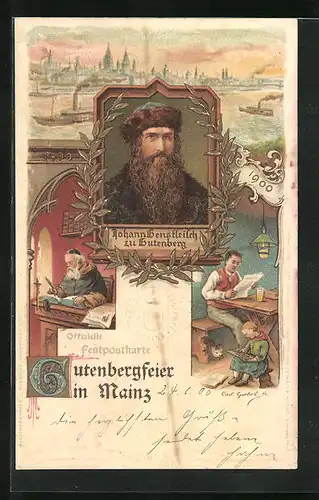 Lithographie Mainz, 500-jährige Gutenbergfeier 1900, Portrait von Johann Gensfleisch zu Gutenberg