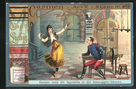 Sammelbild Liebig, Carmen tanzt die Seguidilla in der Schmuggler-Schenke