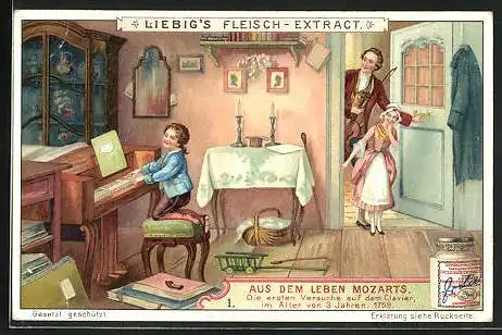 Sammelbild Liebig, Aus dem leben Mozarts, Die ersten Versuche auf dem Klavier, im Alter von 3 Jahren