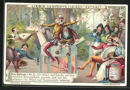 Sammelbild Liebig, Serie: Don Quixote, Bild 5, der Ritter und Sancho auf dem hölzernen Zauberpferde