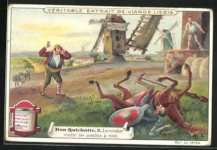 Sammelbild Liebig, Serie: Don Quixote, Bild 2, le combat contre les moulins à vent