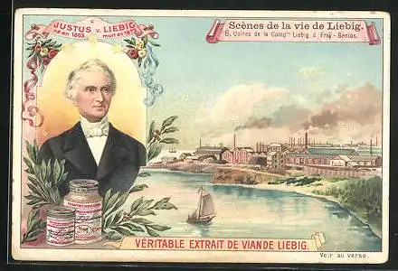 Sammelbild Liebig, Serie: Scénes de la vie de Liebig, Bild 6, Usines de la Comp. Liebig à Fray-Bentos, Justus v. Liebig