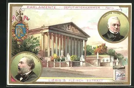 Sammelbild Liebig, Serie: Parlamente, Paris, Deputirtenkammer, Portraits Leon Gambetta und Adolphe Thiers