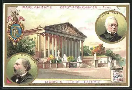 Sammelbild Liebig, Serie: Parlamente, Paris, Deputirtenkammer, Portraits Leon Gambetta und Adolphe Thiers