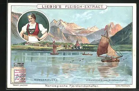 Sammelbild Liebig, Serie: Norwegische Fjordlandschaften, Romsdalfjord, Veblungsnaes und Romsdalshorn