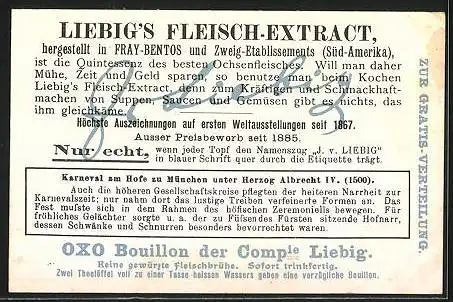 Sammelbild Liebig, Serie: Karnevalsbilder verschiedener Zeiten, München, Karneval am Hofe unter Herzog Albrecht 1500