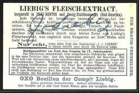 Sammelbild Liebig, Serie: Karnevalsbilder verschiedener Zeiten, Huldigungsfeier v. Karl d. Grossen im IX. Jahrhundert
